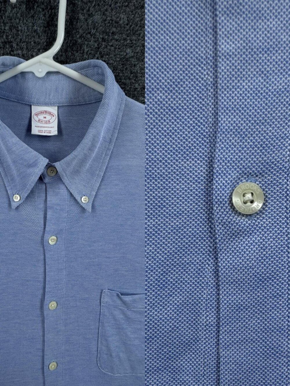Brooks Brothers Knit Button-Down Blue White Performance Short Sleeve Medium Mens